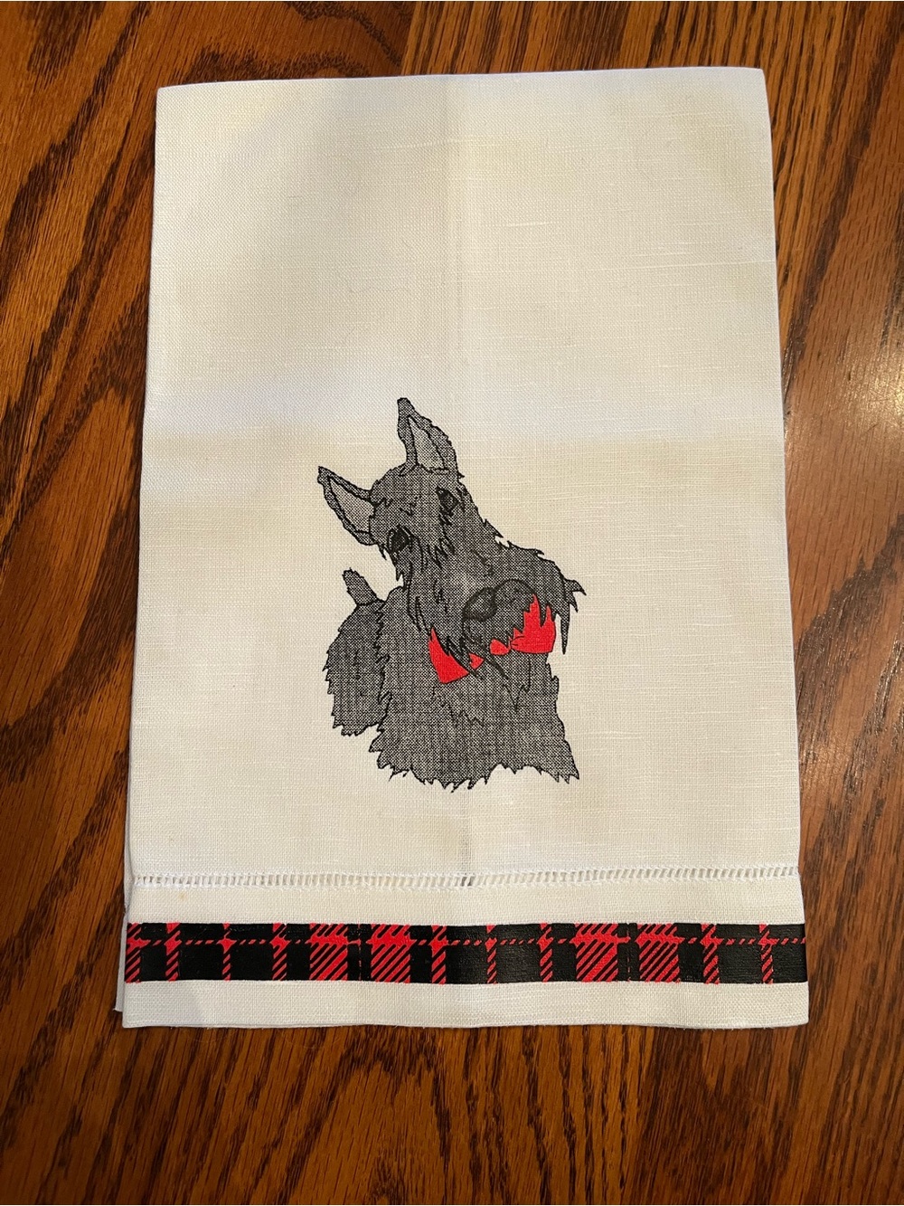 Scottie Dog Hand Towel in White with Red Accent - Picture 2 of 3